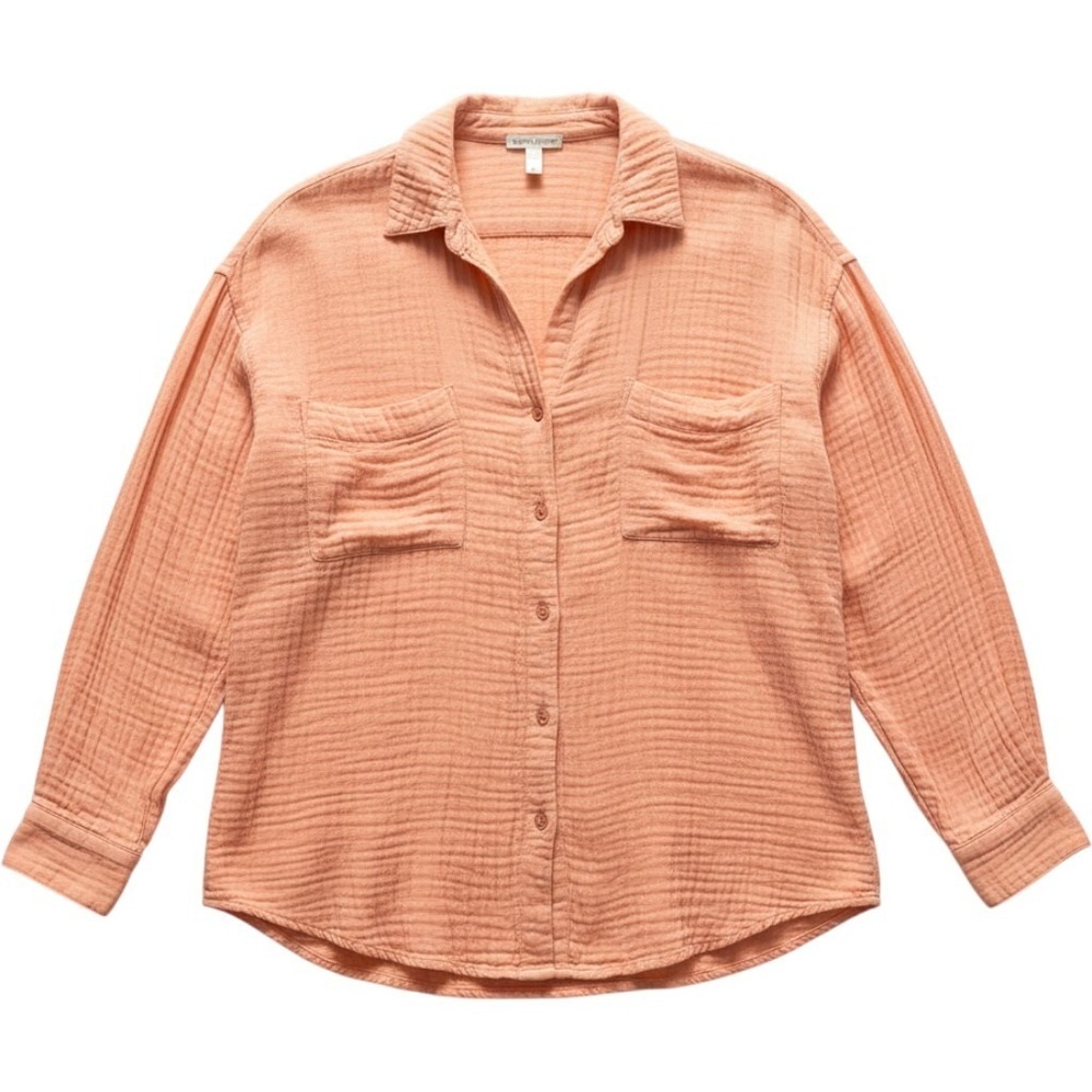 EILEEN FISHER Small Organic Cotton Gauze Button Down Shirt Peach Melon Crinkled